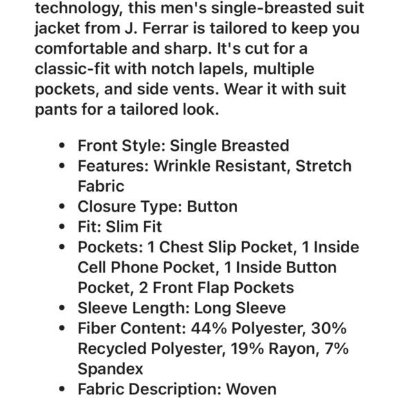 COPY - Men's J. Ferrar slim fit 36 Reg blazer. NWT. Medium Cool Gray ultra com… - Picture 6 of 7